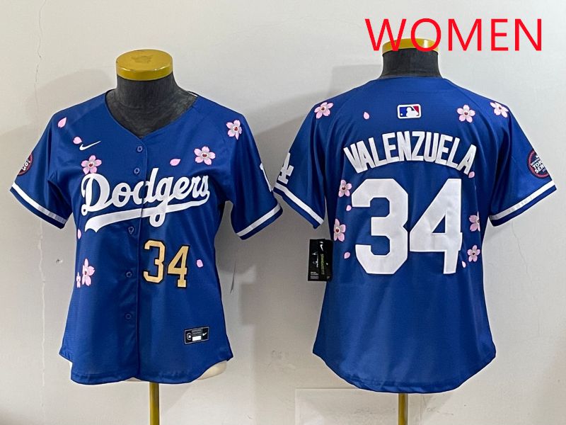 Women Los Angeles Dodgers #34 Valenzuela Blue Sakura Edition 2025 Nike MLB Jersey style 32->women mlb jersey->Women Jersey